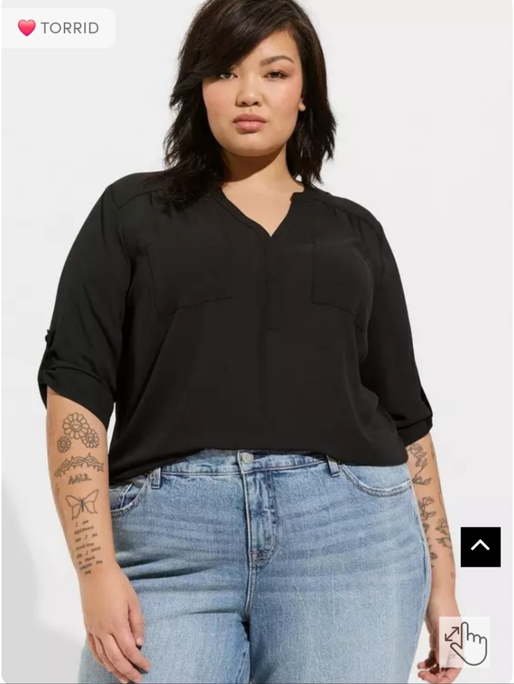 torrid Black Harper V-Neck Roll-Sleeve Blouse